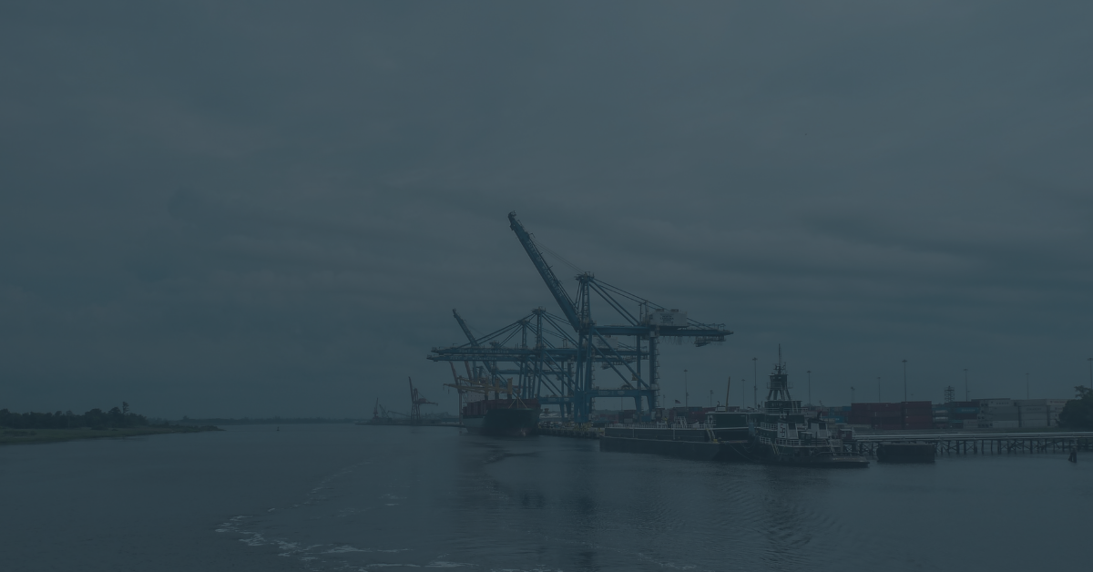 A photo of the import cranes and docks along the Cape Fear river in Wilmington, NC.